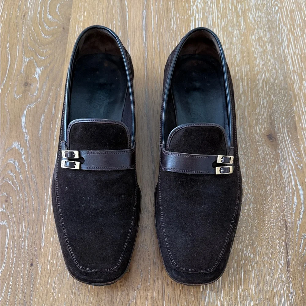Ferragamo Men's Brown Suede Slip-On Loafers with Gold Buckle